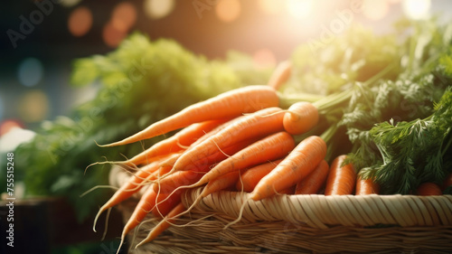 fresh carrot in basket on market background day light