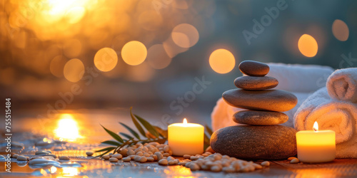 Massage Stones With Towels And Candles blurred Background Spa Concept
