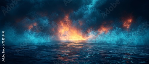 The empty dark scene, neon light, spotlights, a wet asphalt surface, reflections of rays in the water. Abstract dark blue background, smoke, smog.