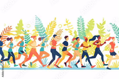 Cartoon of people running through a park with abstract foliage