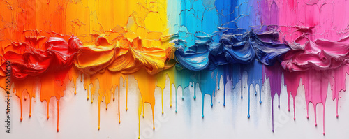 Abstract multicolored banner with colored oil streaks. Colorful paint dripping down on white background © Aquir