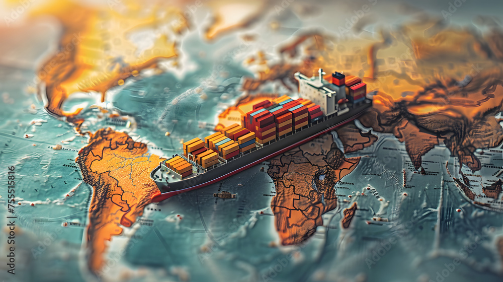 Globalisation Container Container ship model on world map , transcontinental transportation or ...