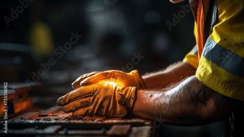 Closeup of the hands of a skilled industrial worker machining a metal part