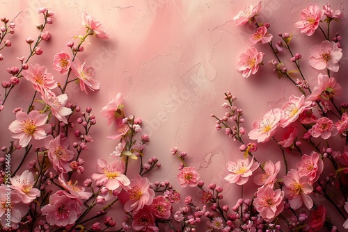 An array of fresh cherry blossoms and dainty daffodils placed along the edges of a blush pink surface. 