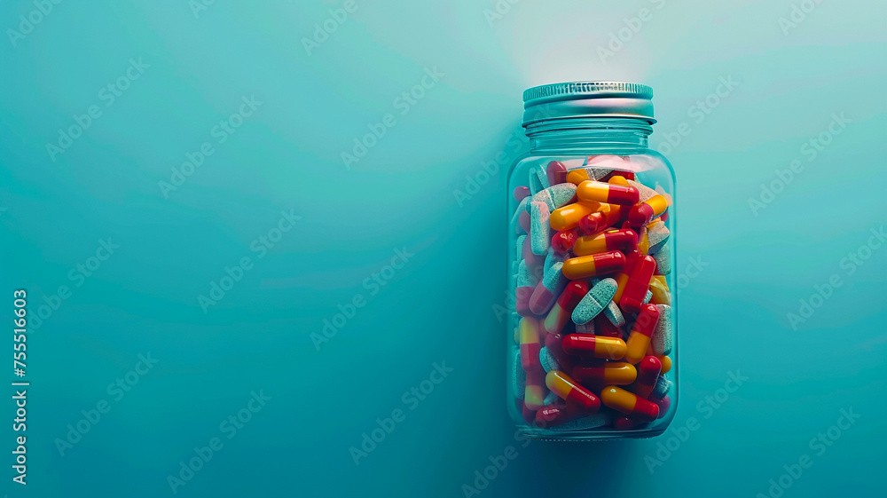 top view of medicine pills in glass bottle on blue background - obrazy, fototapety, plakaty 