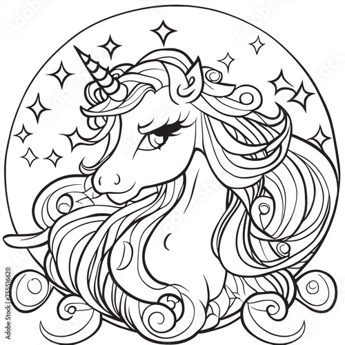 black and white magic unicorn, vector illustration line art
