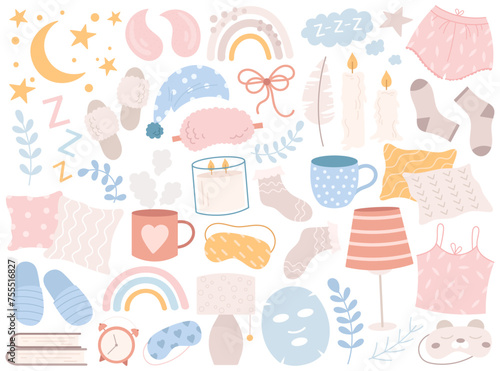 Sleeping accessories set with cute facial mask, pajamas, soft slippers, candles, home interior item