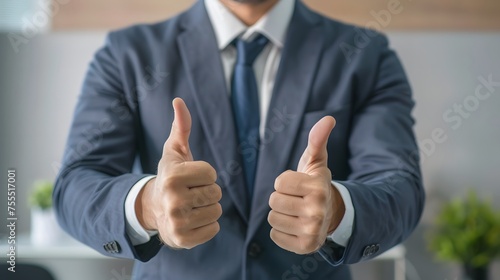 Businessman with hands gesture thumbs up. isolate blurred background. half body. 