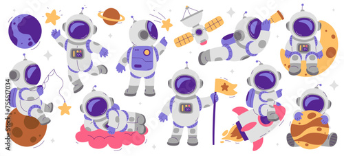 Cute astronauts cartoon characters wearing spacesuit and helmet in different poses isolated set