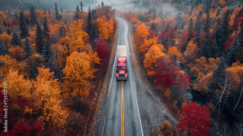 The aerial view of a heavy truck on a narrow road with twists and turns in autumn. Fields of colorful fall trees line the narrow road.