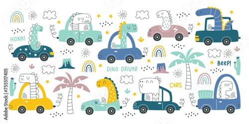 Cute childish dinosaur drivers racing at steering wheel of automobile vector illustration set