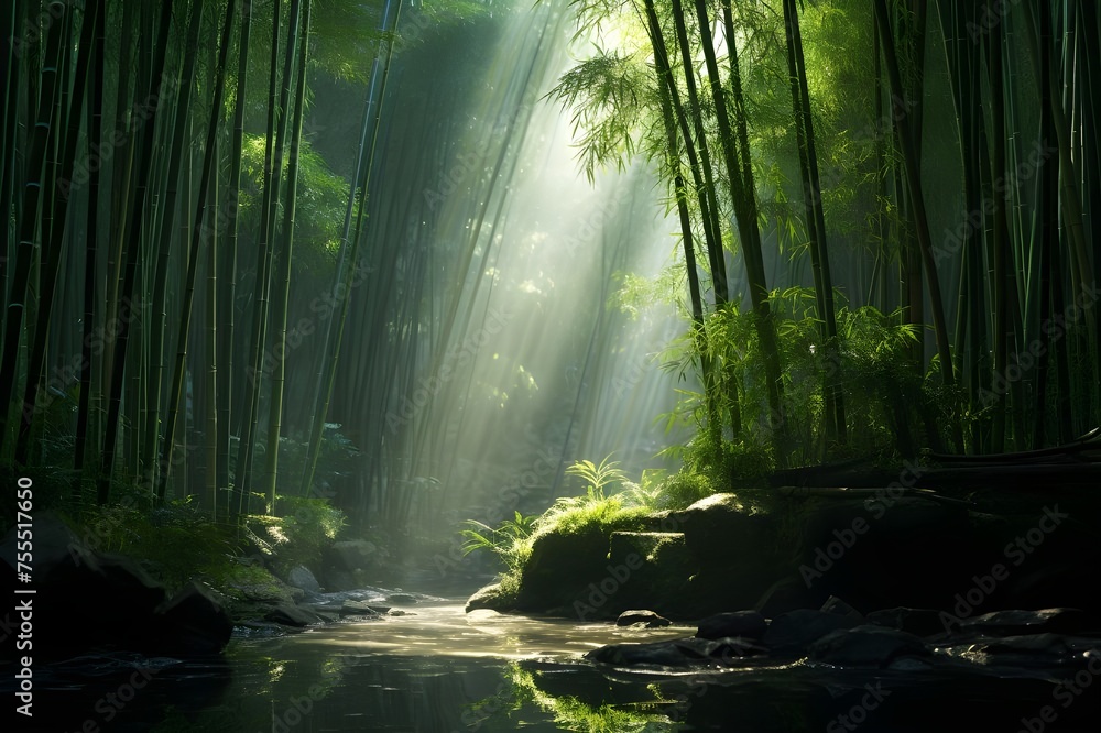 A tranquil bamboo forest bathed in soft, ethereal light, with shafts of sunlight filtering through the dense canopy.
