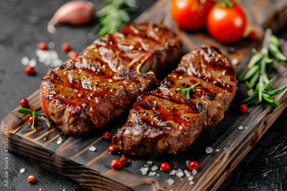 Tasty grilled steaks on wooden board