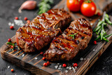 Tasty grilled steaks on wooden board