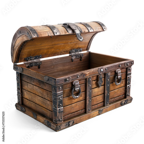 Open Pirate Treasure Chest cutout PNG. wooden antique box isolated on transparent background. photo