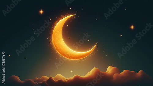 Crescent moon on charming sky islamic background