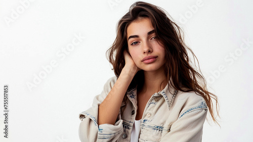 a young woman in casual clothes poses in contemplation isolated on white background