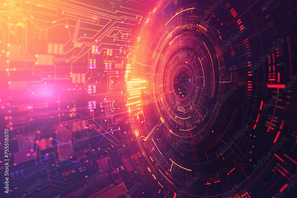 Vivid neon tech design with digital patterns and circular futuristic elements Vivid neon tech design with digital patterns and circular futuristic elements