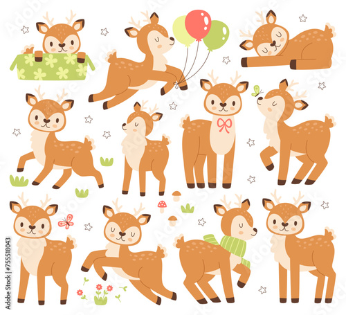 Happy cartoon animal character cute little baby deer with spots pattern on back isolated set
