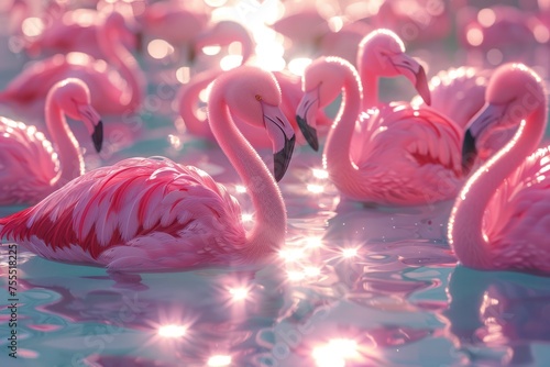 3D rendering. a lot of flamingo floats in a pool © Straxer