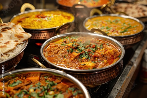 A bustling curry house with pots of fragrant curry bubbling away, plates of naan bread, and bowls of steamed rice.