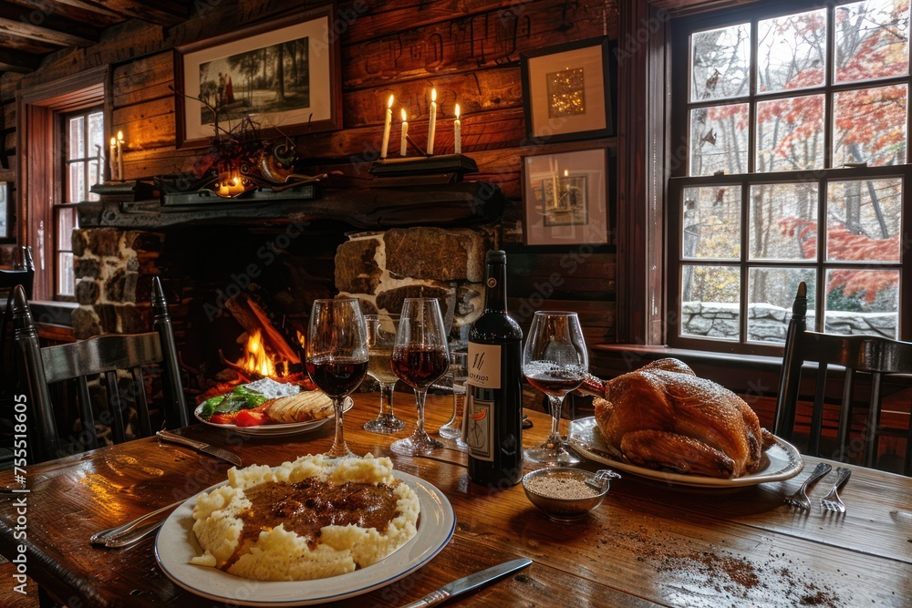 A charming countryside inn serving up hearty meals of roast chicken, mashed potatoes, and gravy by a crackling fireplace.
