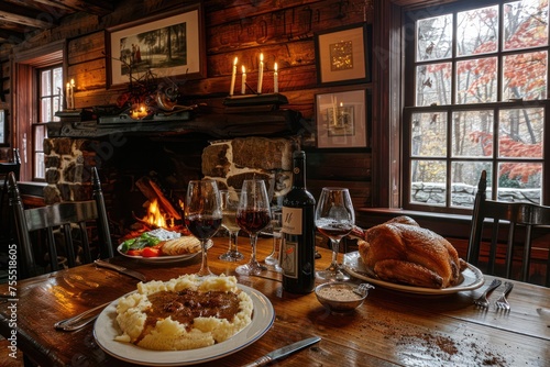 A charming countryside inn serving up hearty meals of roast chicken  mashed potatoes  and gravy by a crackling fireplace.