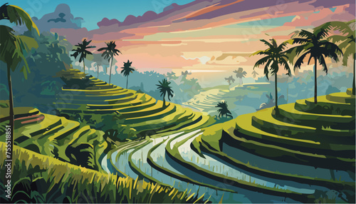 Bali landscape rice terraces and mountains in the morning photo