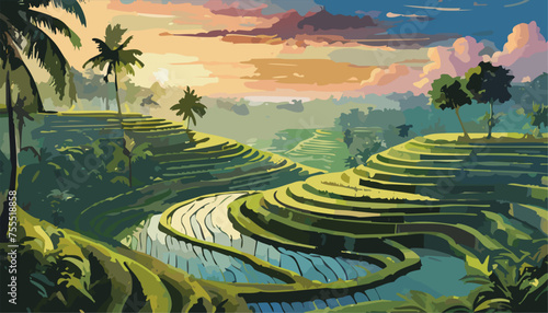 Bali landscape rice terraces and mountains in the morning photo