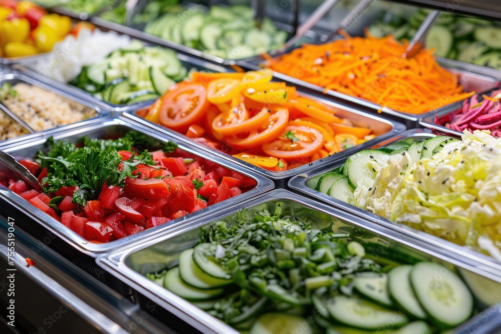 A colorful salad bar with rows of crisp lettuce, juicy tomatoes, crunchy cucumbers, and an array of dressings. 