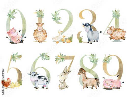 Watercolor farm animals numbers for invitation card, nursery poster and other.