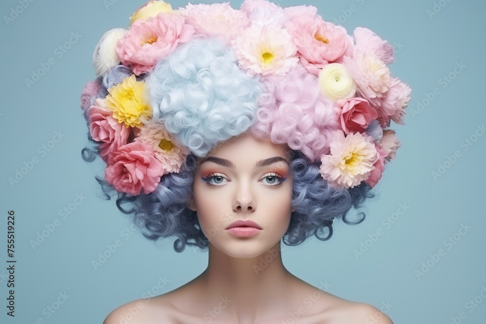 portrait of beautiful caucasian woman with hair made of wild flowers, artistic composition, brown hair