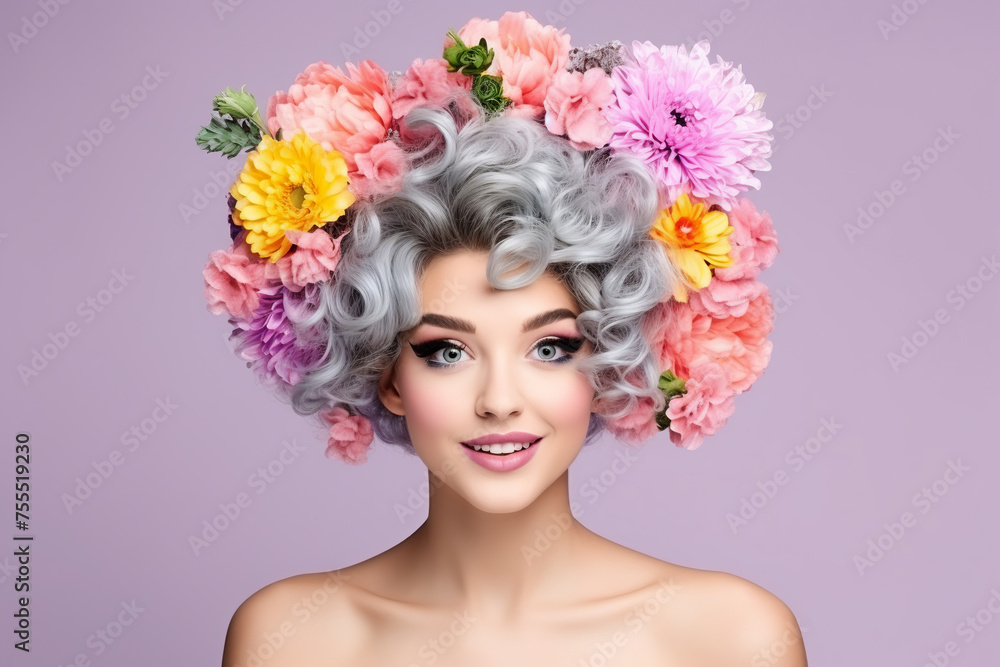 portrait of beautiful caucasian woman with hair made of wild flowers, artistic composition, brown hair, on pink
