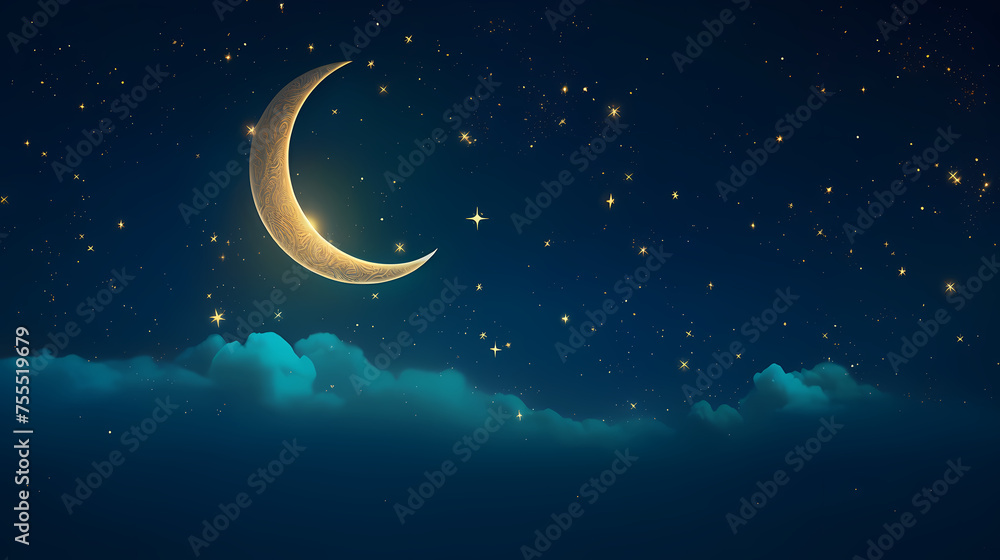 Fototapeta premium Starry night with glowing islamic crescent moon, Ramadan