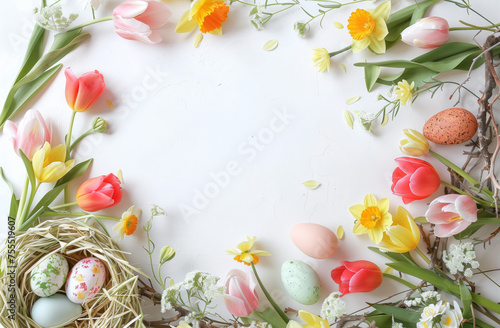 A vibrant and fresh Easter composition with a variety of colored eggs and a nest  surrounded by a delightful array of tulips and daffodils on a white background.