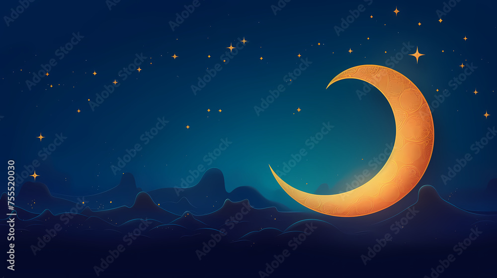 Fototapeta premium Starry night with glowing islamic crescent moon, Ramadan