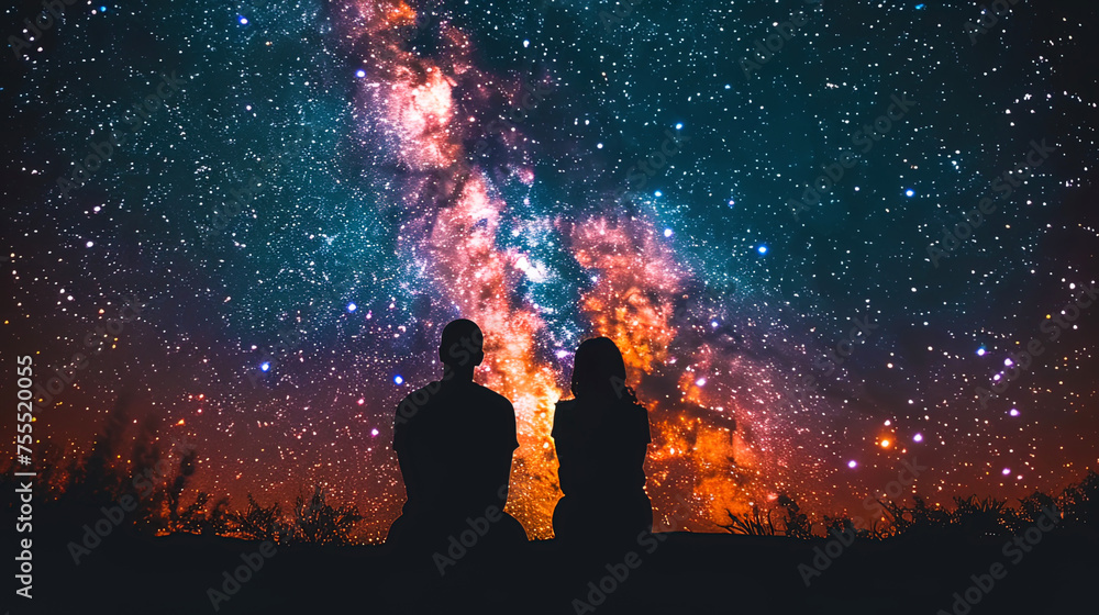 Two individuals standing and looking up at the stars in the night sky - obrazy, fototapety, plakaty 