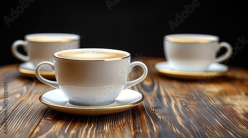 Three coffee cups placed on a wooden table