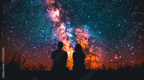 Two individuals standing and looking up at the stars in the night sky photo
