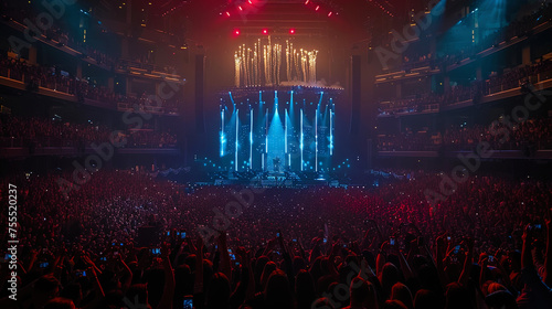 A mass of people gathered together, enjoying a live music performance at a concert