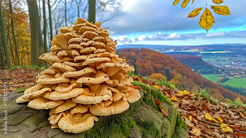 Mushrooms clustered on top of a tree stump