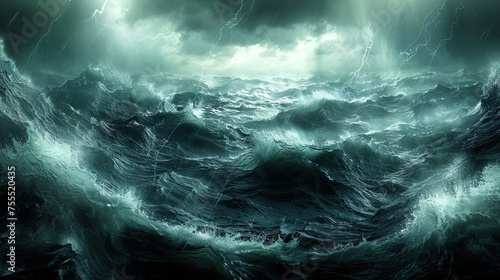 A dramatic painting depicting a fierce storm raging in the ocean with crashing waves and dark skies