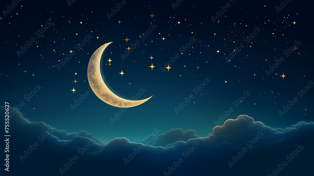 Fototapeta premium Starry night with glowing islamic crescent moon, Ramadan