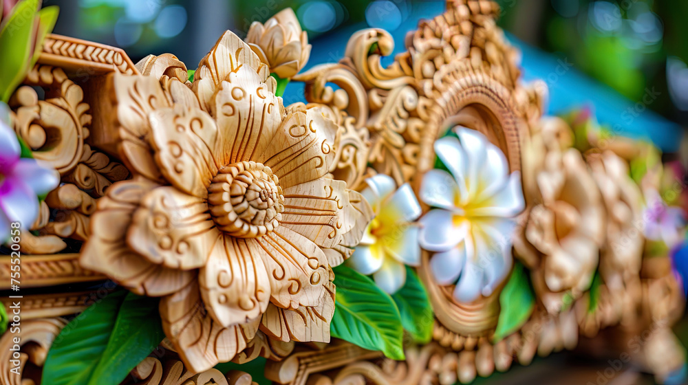 Detailed view of wooden flowers carved intricately