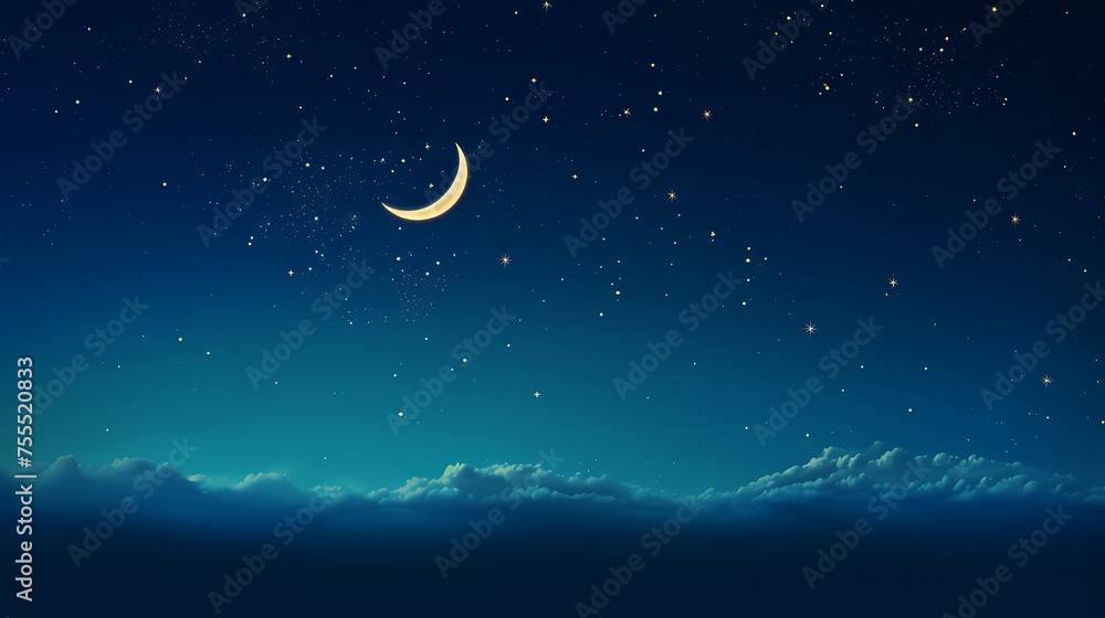 Starry night with glowing islamic crescent moon, Ramadan Starry night with glowing islamic crescent moon, Ramadan