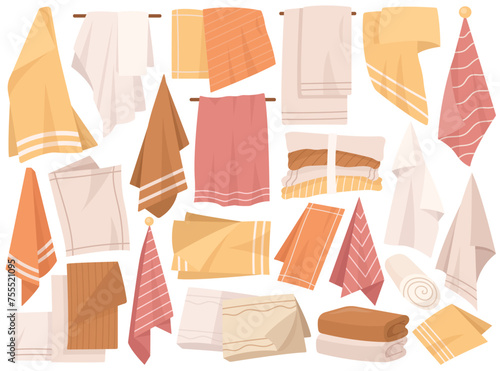 Folded, rolled, hanged bath shower, kitchen, beach textile towels, cotton hygiene washcloth set