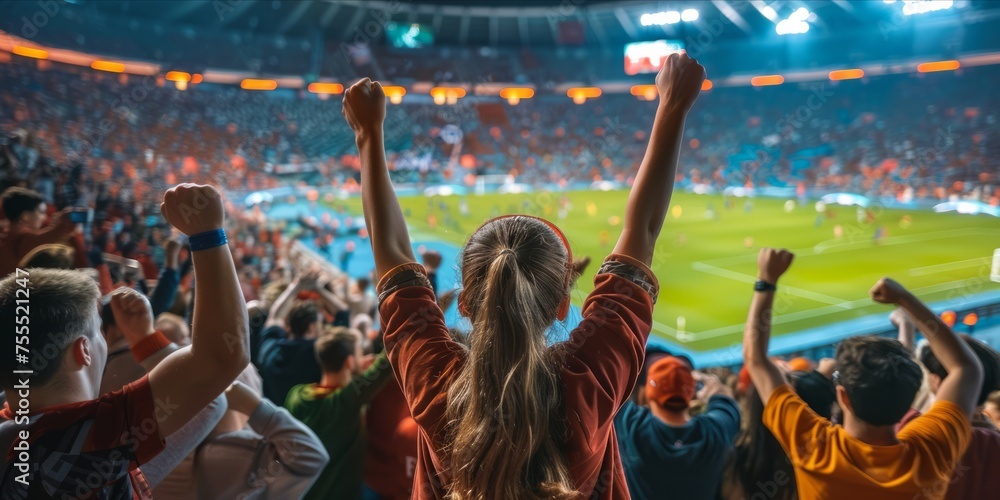 Football fans cheering in a stadium.