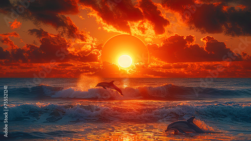 Two dolphins gracefully swim in the ocean as the sun sets in the background