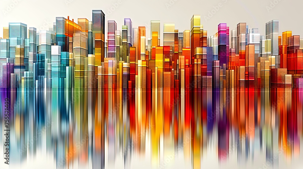Colorful cityscape with numerous towering buildings in varying heights