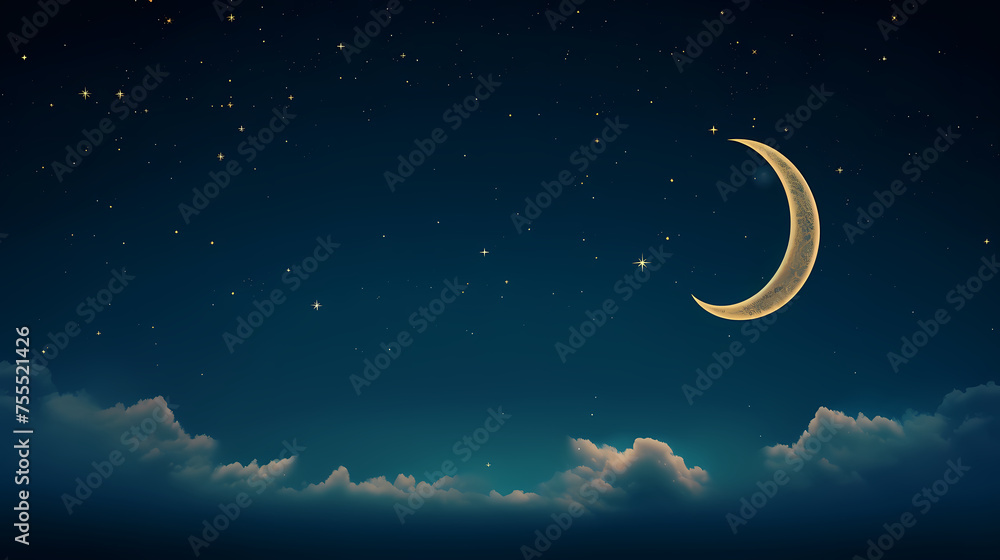 Starry night with glowing islamic crescent moon, Ramadan Starry night with glowing islamic crescent moon, Ramadan